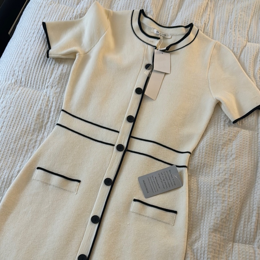 Cream Sheath Midi Dress with Black Trim for Work